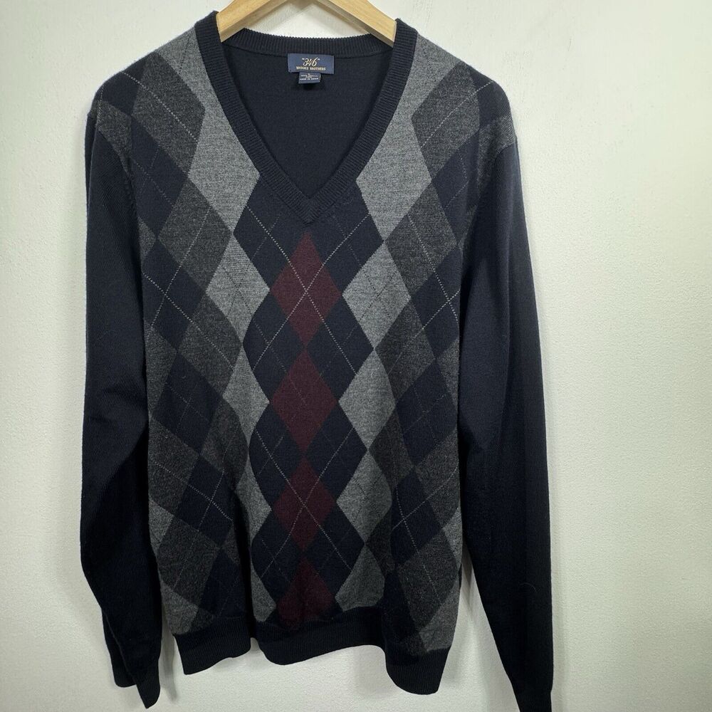Brooks Brothers Mens Italian Merino Wool Argyle Sweater V Neck Navy Red L